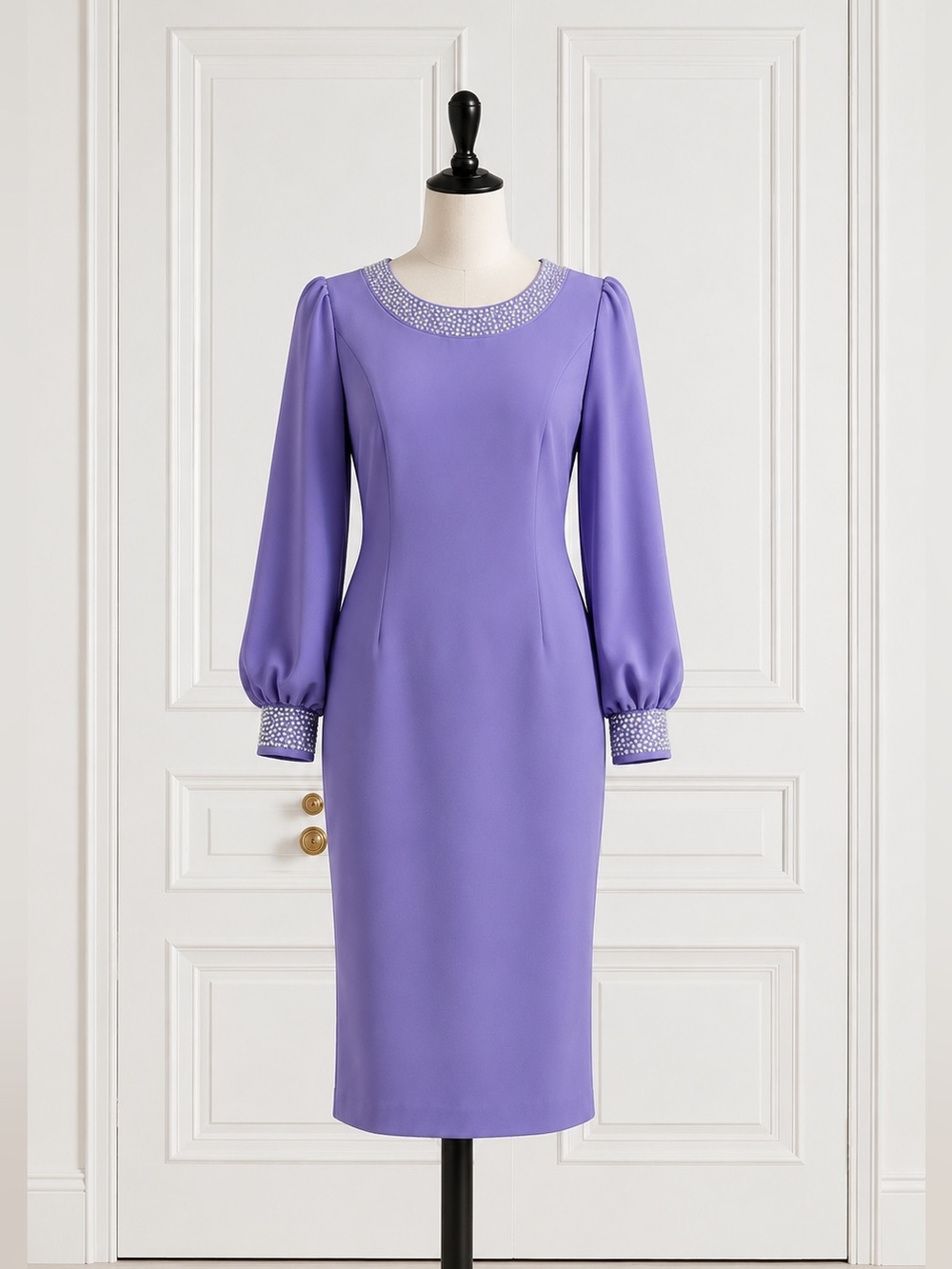 Lily & Taylor Lavender Rhinestone Trim Midi Dress Bishop Sleeve Size 8 NWT